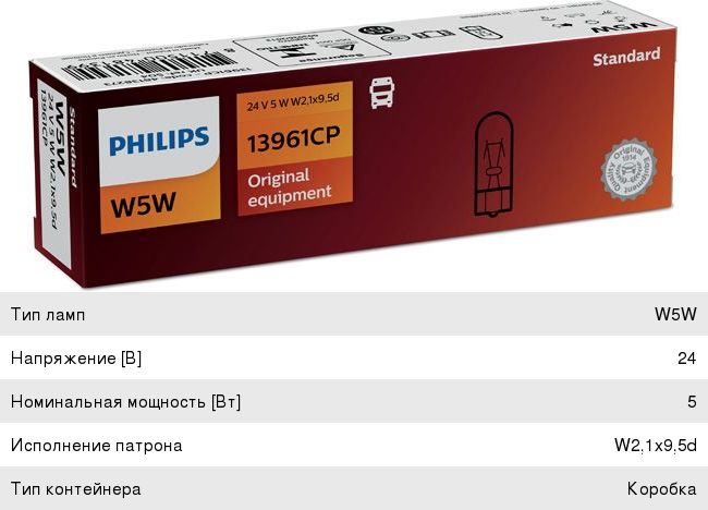 Лампа 24V W5W T10W W2.1x9.5d PHILIPS