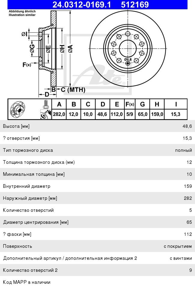 Диск тормозной VW Golf, Jetta, Tiguan AUDI A1, A3, TT задний (1шт.) ATE