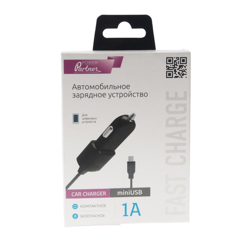 Устройство зарядное в прикуриватель 12V 1A встроенный кабель mini USB PARTNER