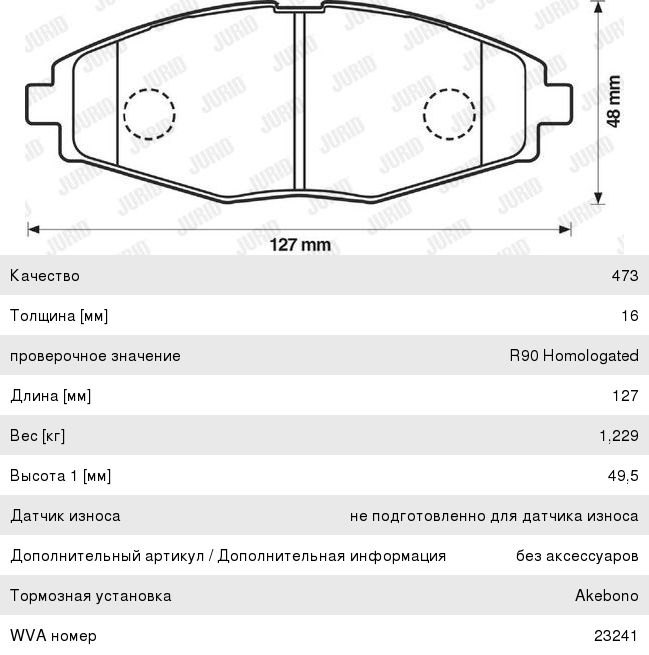 Колодки тормозные DAEWOO Matiz,  Lanos,  Nexia (16V) передние (4шт.) JURID