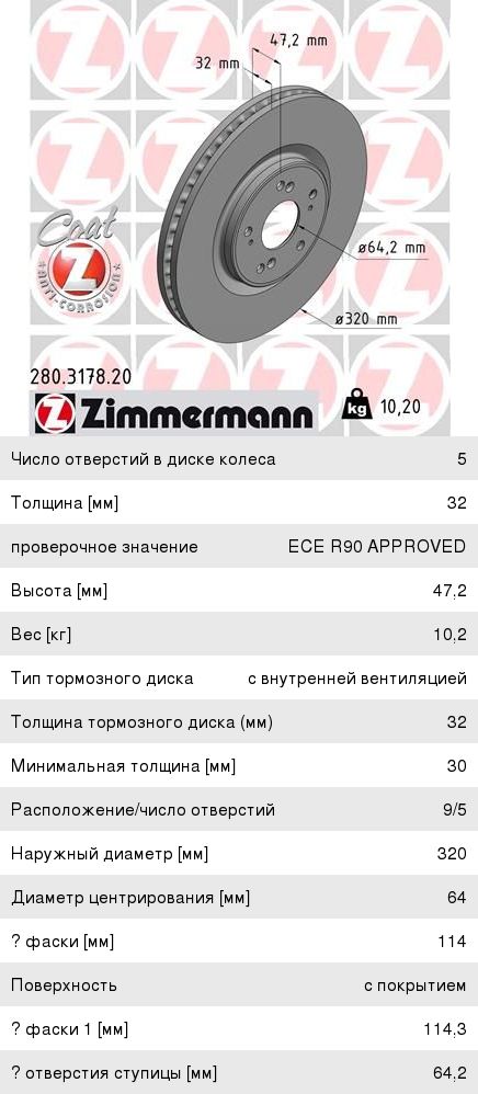 Диск тормозной HONDA Accord (08-13) передний (1шт.) ZIMMERMANN
