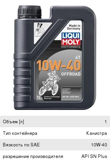 Масло моторное для 4-х тактных двигателей MOTORBIKE 4T OFFROAD 10W40 синт.1л LIQUI MOLY