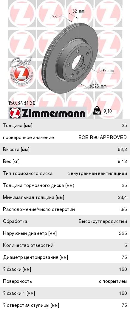Диск тормозной BMW 3 (E83) передний (1шт.) ZIMMERMANN