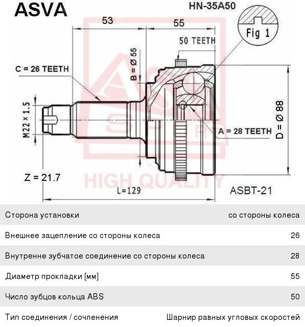 ШРУС наружный HONDA Civic (94-01) передний (с кольцом АБС) ASVA